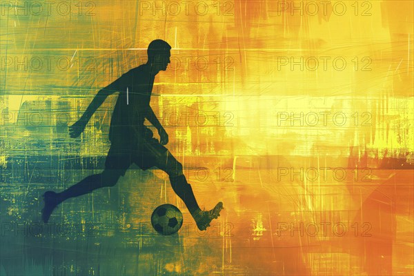 A soccer player dribbles and kicks a soccer ball. Abstract vintage grungy poster style with muted