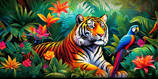 AI generated illustration of an enchanted fairy tale jungle inhabited by magical fantasy animals in