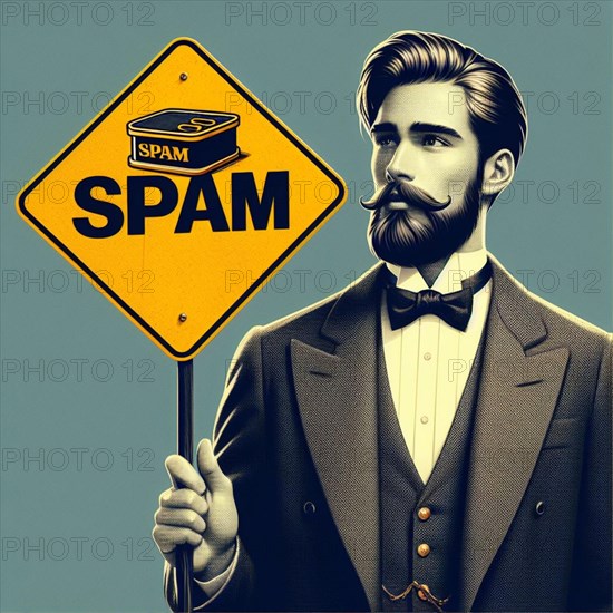 Retro-styled man holding a 'SPAM' sign with a serious expression, ai generated, AI generated