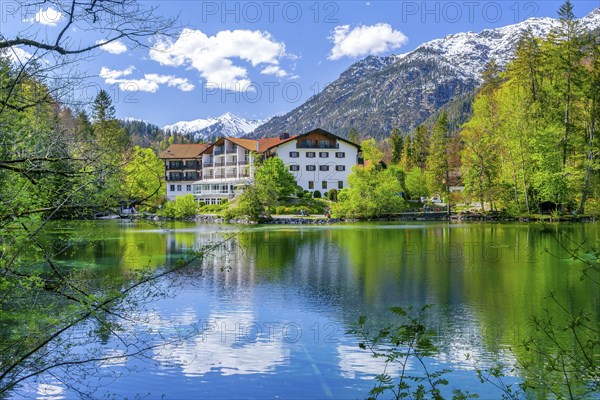 Spring at Lake Badersee with Hotel am Badersee, Zugspitzdorf Grainau, Werdenfelser Land, Bavarian