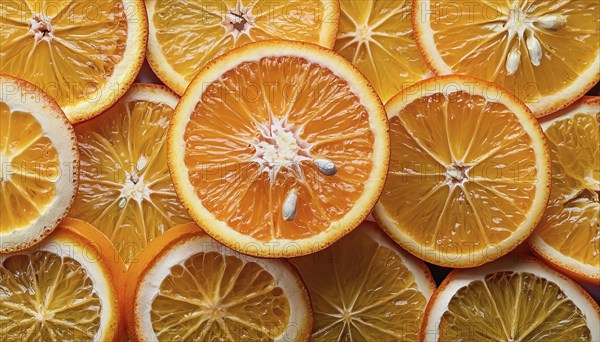 Close-up of sliced oranges with visible seeds showing juicy texture and details of the fruit, AI