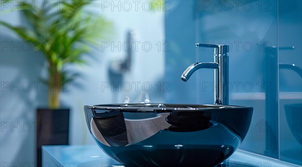 A sink with a black bowl and a silver faucet in a modern luxury condo, AI generated