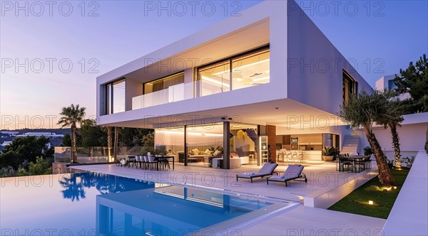 Exterior of private house luxury villa. Modern architecture real estate with swimming pool, AI
