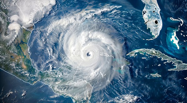 A hurricane is spinning in the ocean. Damage and devastations caused by hurricanes and climate