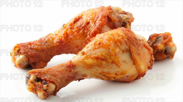 Pair of roasted chicken drumsticks isolated on white, AI generated