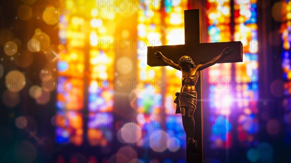 Crucifix with Jesus Christ on cross in church with light coming through stained glass windows,