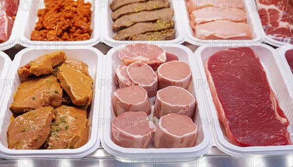 Meat, raw pork, schnitzel and steak, marinated and seasoned, in a display in a butcher's shop, AI