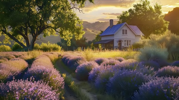 A quaint cottage by a vast lavender field under a golden sunset, exuding peace, AI generated