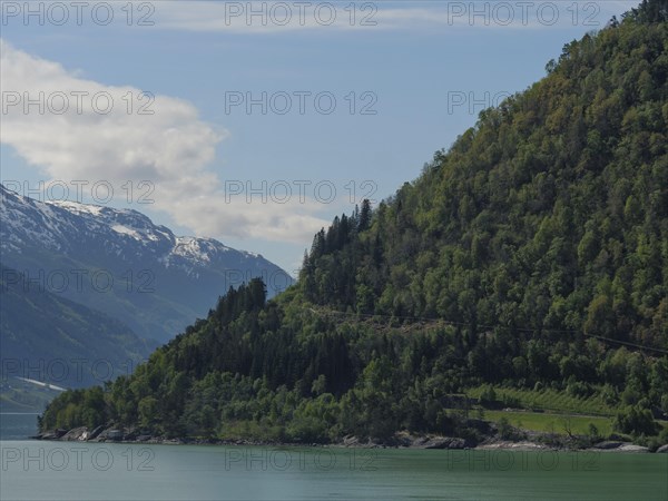 Tranquil landscape with a lake, green mountains and snow-capped peaks under a blue sky, greenish