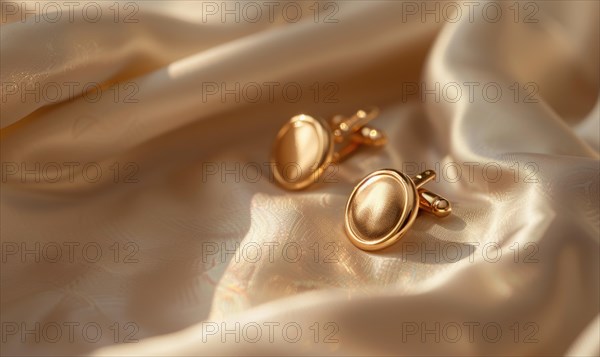 A pair of gold cufflinks arranged on a smooth satin material background AI generated
