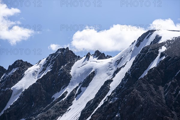 Glaciated and snow-covered mountain peaks, Tian Shan, Sky Mountains, Engilchek Valley, Kyrgyzstan,