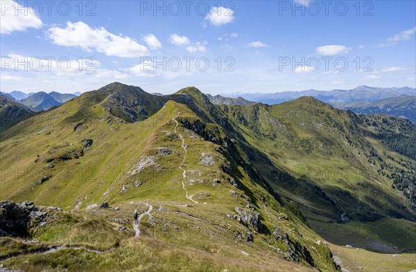 Hiking trail along a grassy mountain ridge, idyllic mountain landscape with green mountain meadows,