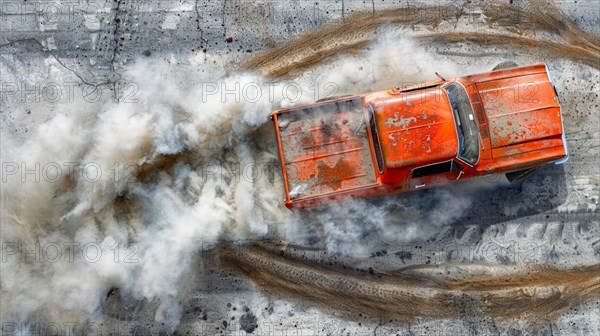 Top view of an orange car performing a dynamic skid enveloped by smoke, AI generated