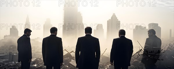 Silhouette of a group of businessman against a backdrop double exposure that reveals a destroyed