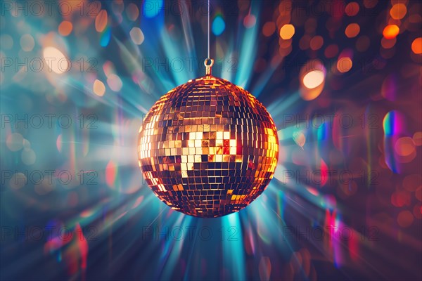A disco ball is suspended from the ceiling at party in nightclub, reflecting the lights and