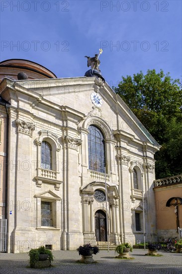 Church facade, Weltenburg Benedictine Abbey, Lower Bavaria. Bavaria, Germany, Europe