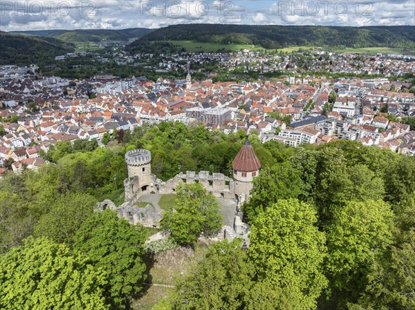 Aerial view of the Honburg castle ruins on the Honberg with the town of Tuttlingen, district of