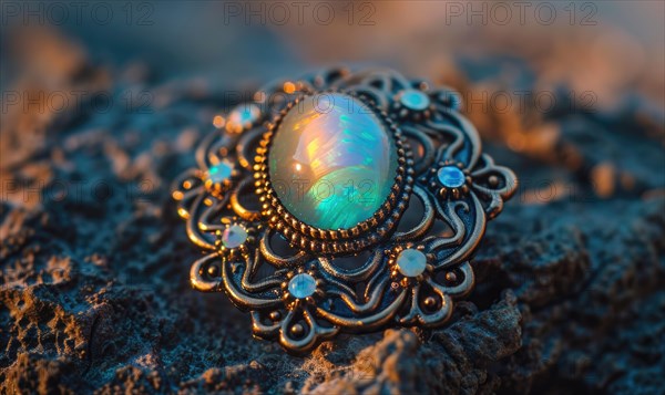A brooch adorned with an iridescent opal gemstone AI generated