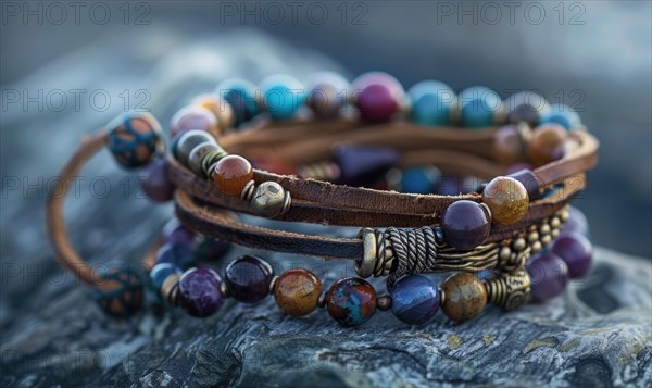 A leather wrap bracelet adorned with natural gemstones and antique beads AI generated