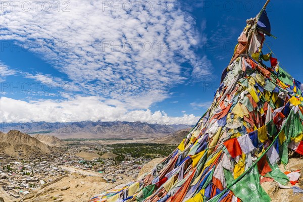 Panorama from Tsenmo hill over Leh and the Indus valley to Stok Kangri, 6153m, Ladakh, Jammu and