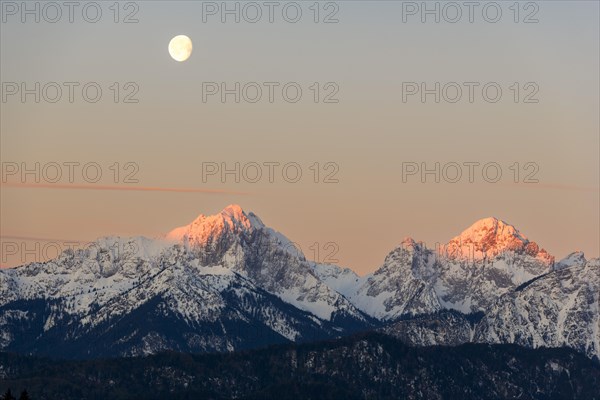 Allgaeu Alps, view from Hegratsrieder See, snow, dawn, moon, Allgaeu, Bavaria, Germany, Europe