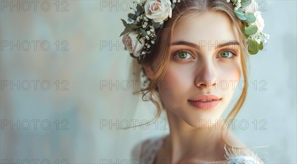 Happy bride smiling before the wedding. Portrait of a beautiful bride, AI generated