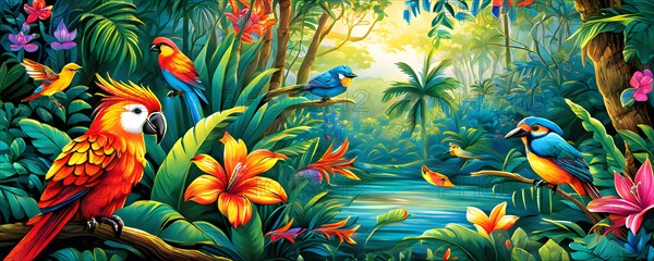 AI generated illustration of an enchanted fairy tale jungle inhabited by magical fantasy animals in