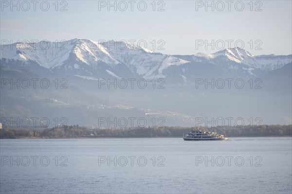 Excursion boat on Lake Constance, snow-covered mountain peaks, Lindau Island, Lake Constance,