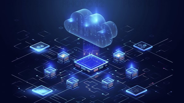 Futuristic visualization of cloud computing with neon circuitry and floating cubes, AI generated