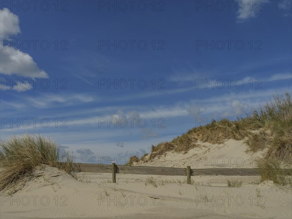 Sand dunes on the beach under a clear blue sky with scattered clouds and tufts of grass, beach and