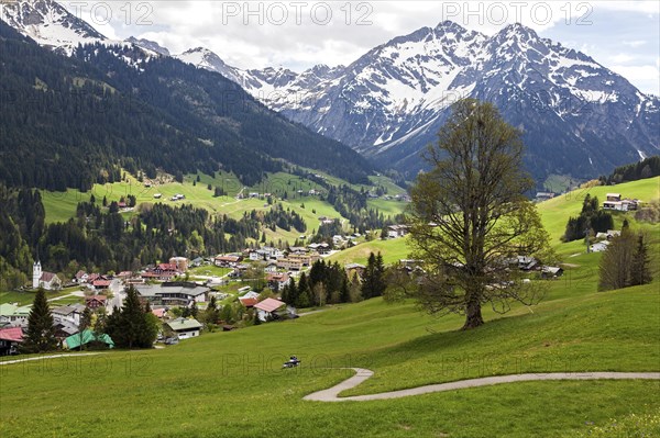 View of Mittelberg, behind Widderstein and Kleiner Widderstein, Kleinwalsertal, Vorarlberg,