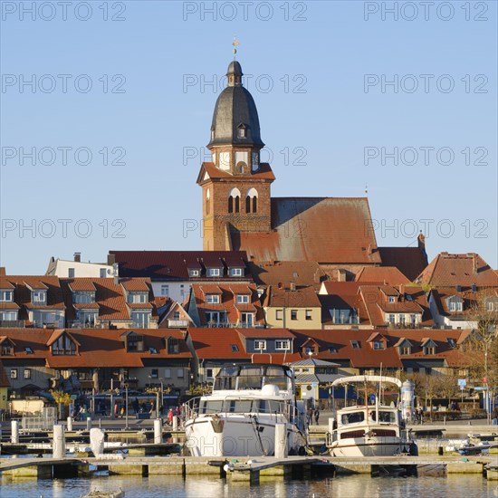 Town view with town harbour on Lake Mueritz, St. Mary's Church, Waren, Mueritz, Mecklenburg Lake