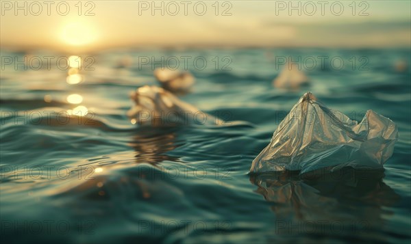 Plastic bags floating in the ocean water, environment and ecology AI generated