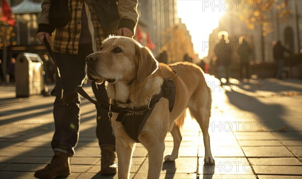 A guide dog leading its owner along a suburban sidewalk AI generated