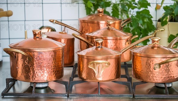 Metal, copper, copper crockery in the kitchen, copper pots, cooking pot