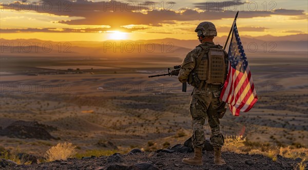 American patriot soldier stand in front of the flag. Concept of fighting for freedom and democracy,