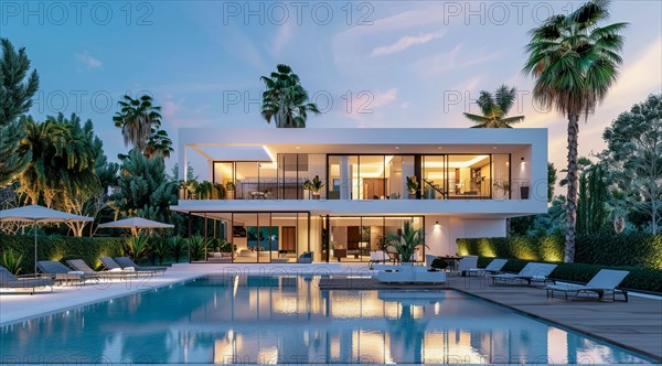 Exterior of private house luxury villa. Modern architecture real estate with swimming pool, AI