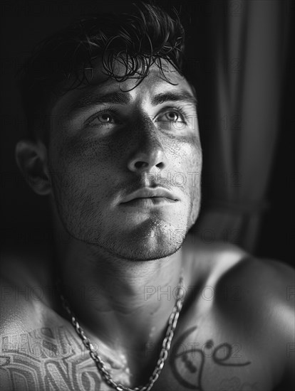 Black and white portrait of a contemplative man with tattoos, AI generated