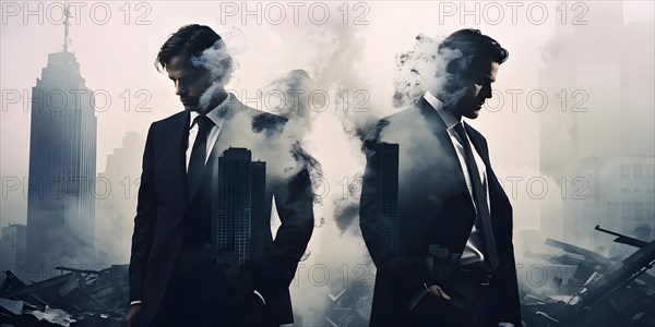 Silhouette of two businessman against a backdrop double exposure that reveals a destroyed