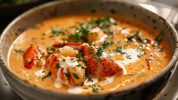 A creamy lobster soup garnished with herbs in a porcelain bowl, AI generated
