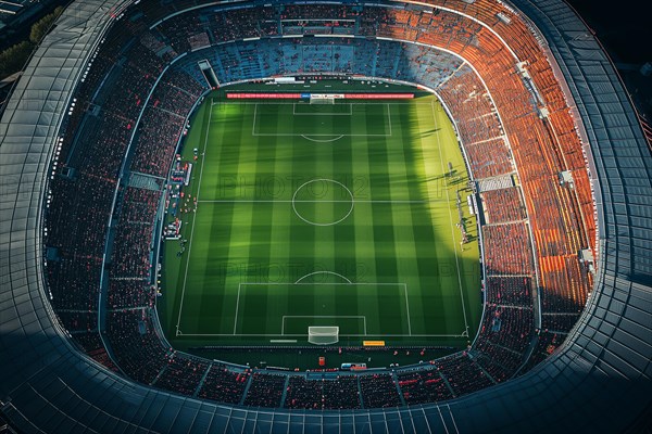 Aerial bird eye top view of a soccer football field stadium, AI generated