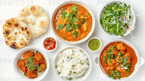 A well-arranged Indian meal featuring curry, naan, rice and condiments, garnished with herbs, AI