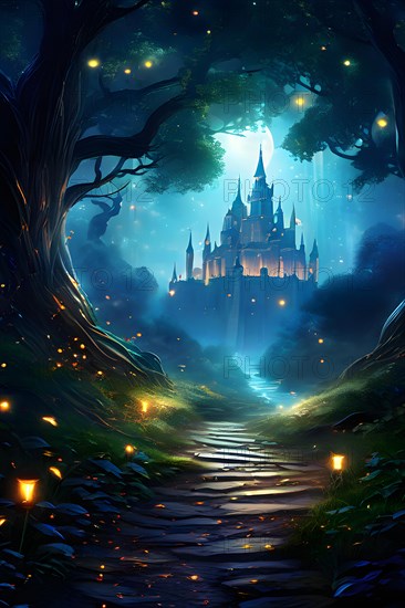 AI generated enchanted forest illustration intertwining trees aglow with magical light