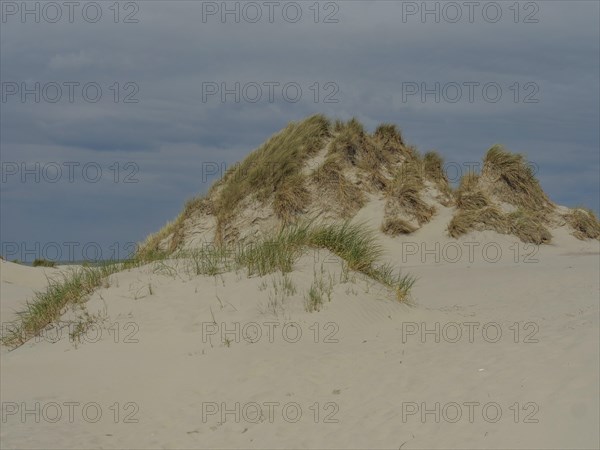 Hilly sand dunes with grass under a cloudy sky, secluded and quiet, dunes on an island with a blue