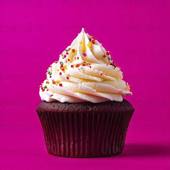 Cupcake with swirls of buttercream frosting in vanilla against magenta background, AI generated