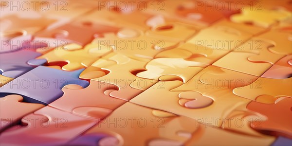 Illustration of scattered orange puzzle pieces sprawled across as a wallpaper background, AI