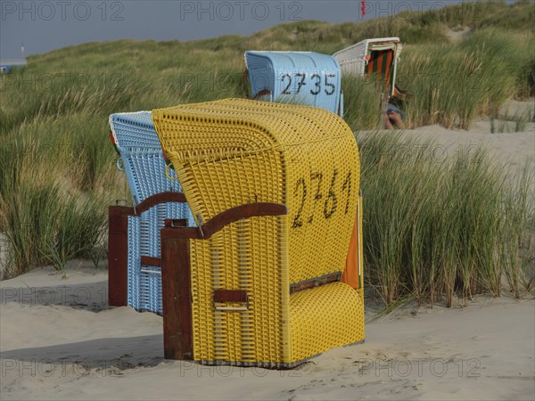 Close-up of yellow and blue beach chairs in the dunes on the beach, colourful beach chairs on the