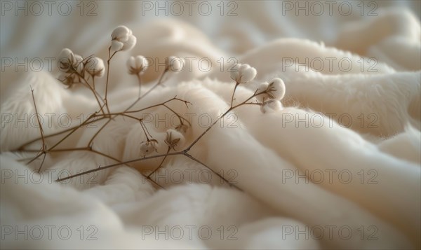 Cotton branch and soft cotton fabric in a soothing neutral tone AI generated