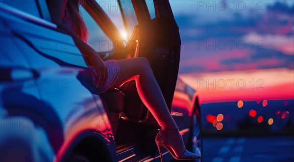 Beautiful woman is sitting in a luxury car with her legs out. Celebrity party and glamour