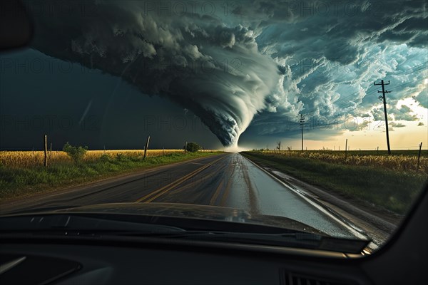 Disaster catastrophe storm concept, tornado in a field in the USA with car on road driving towards